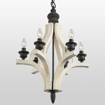 Chandelier rétro en bois blanc en détresse et en métal noir à 6 légers avec lumière des bougies